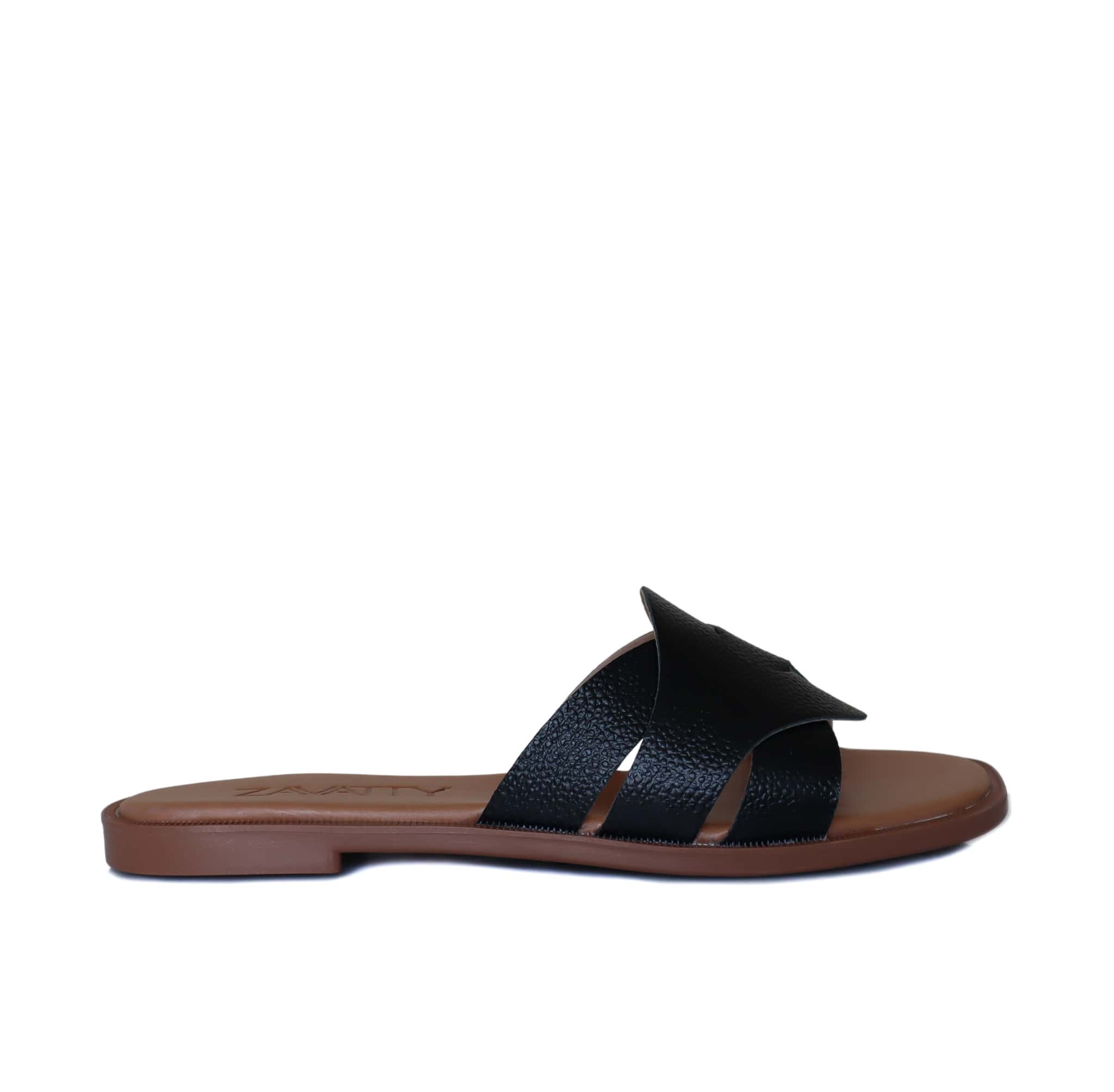 Sandalia plana negro cuero para mujer 23C26-Z19