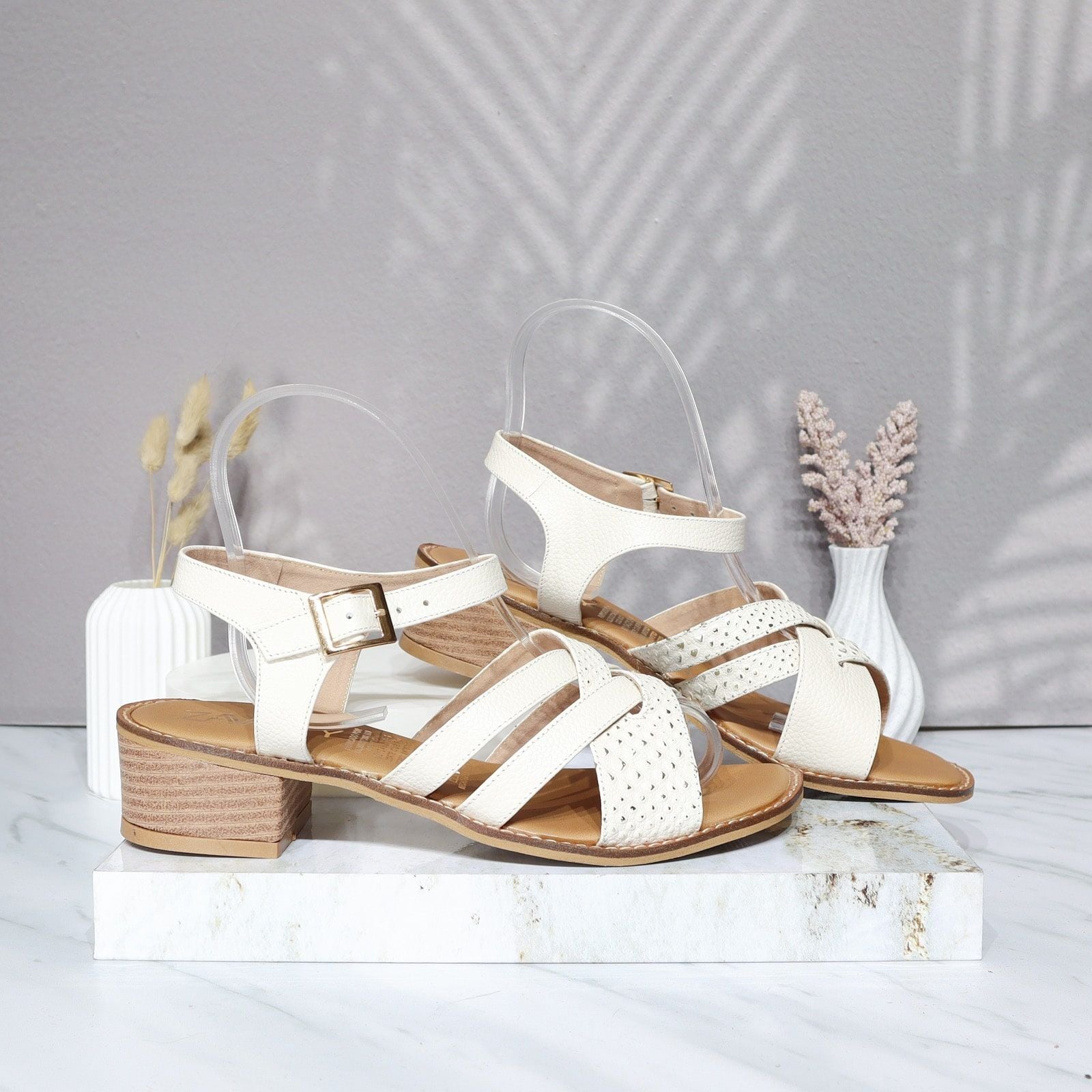 Sandalia tacon blanco ostra cuero para mujer 350-Z310