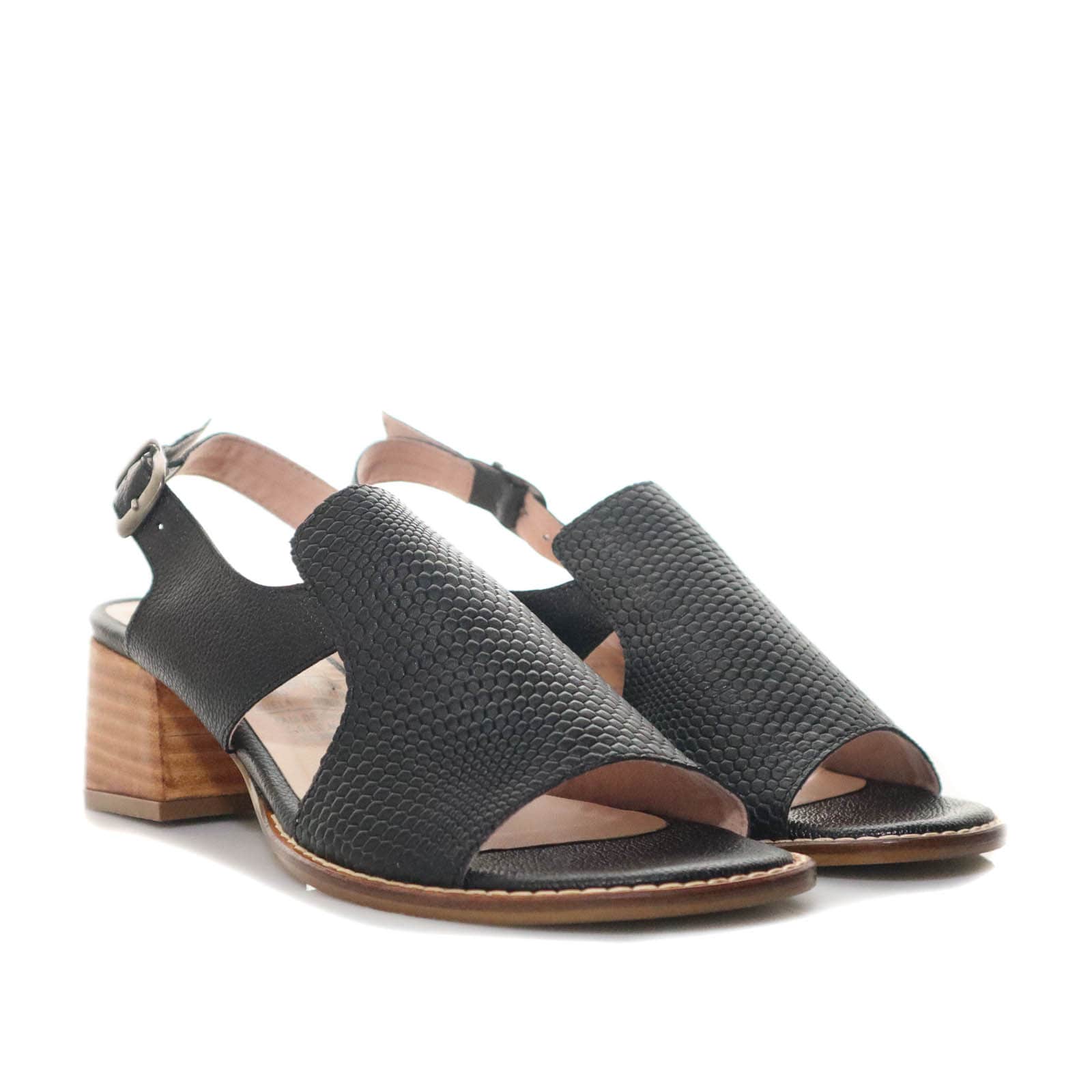 Sandalia tacon negro cuero para mujer H-EVA