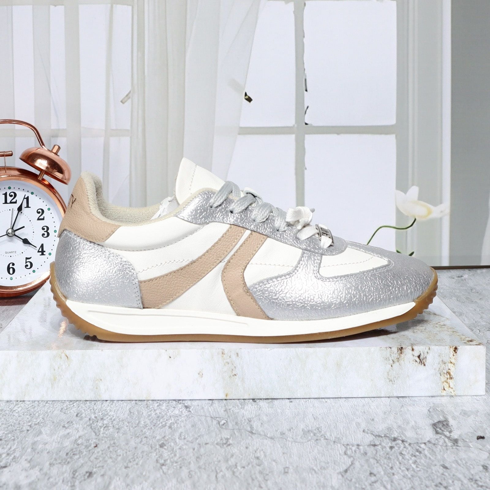 Tenis plata x blanco ostra cuero para mujer W190-Z495