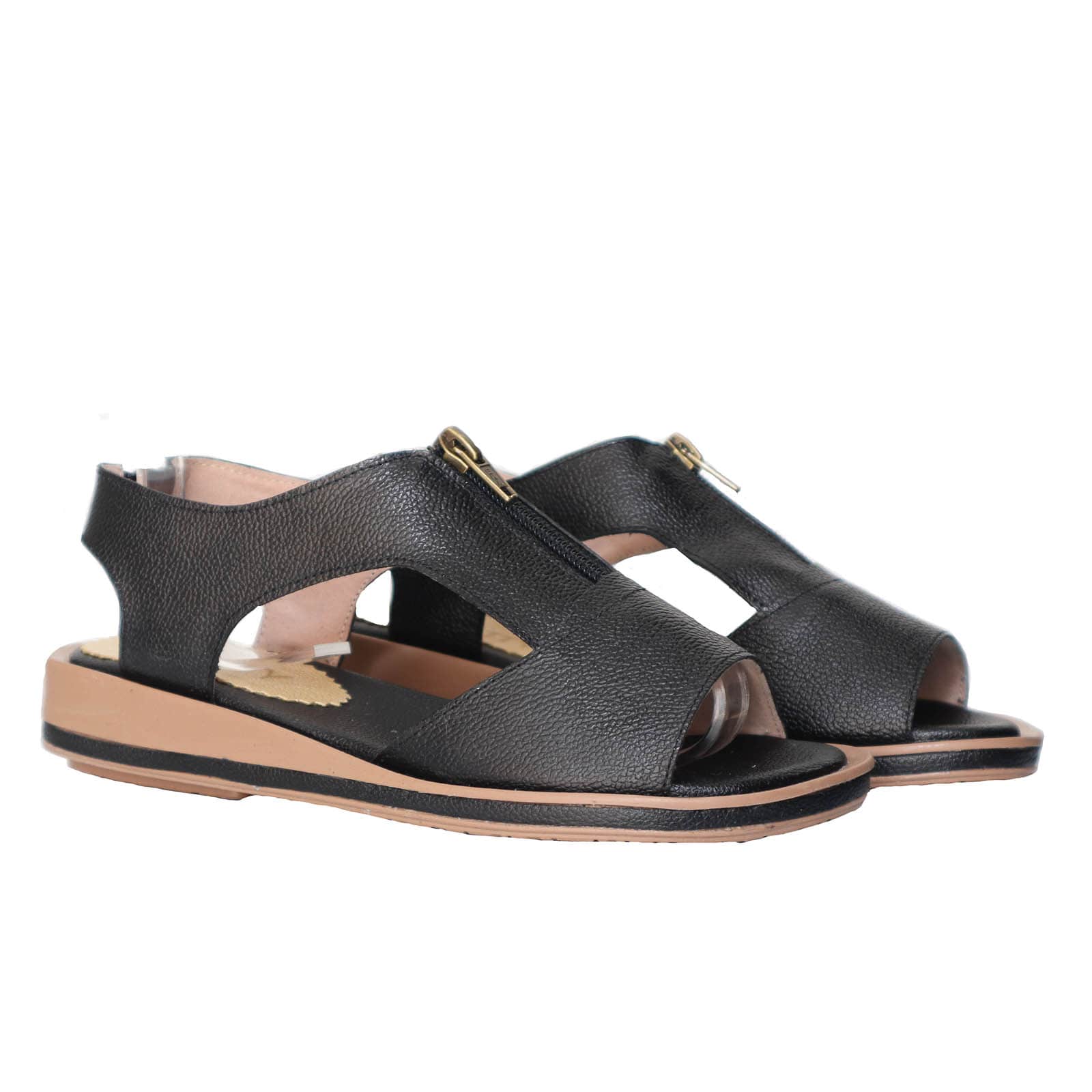 Sandalia plana negro cuero para mujer H-NOHEMY