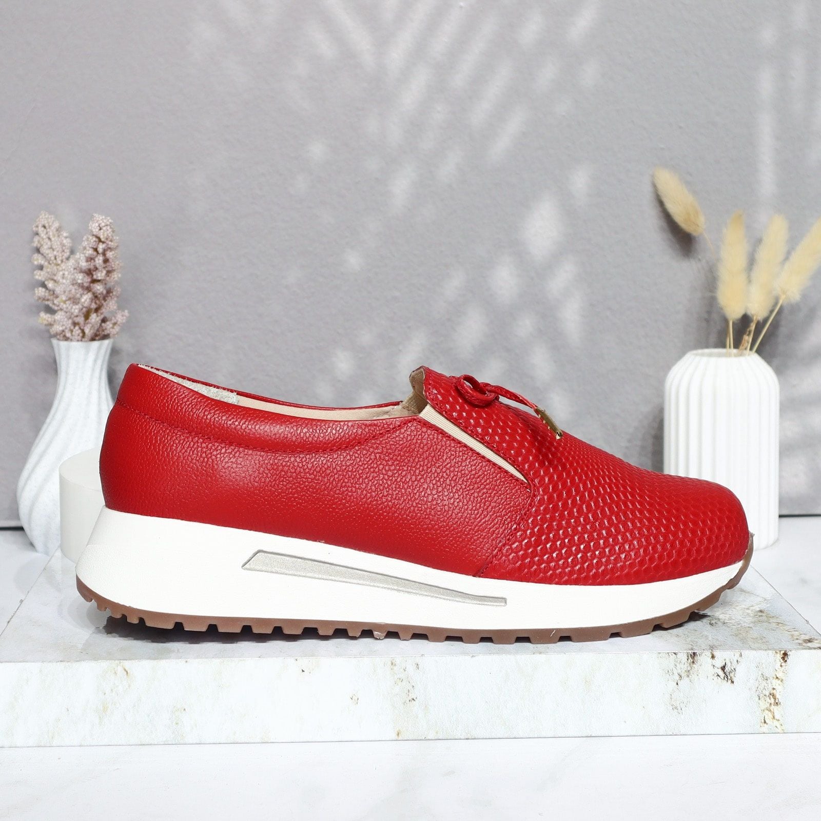 Mocasin rojo cuero para mujer H-NANCY