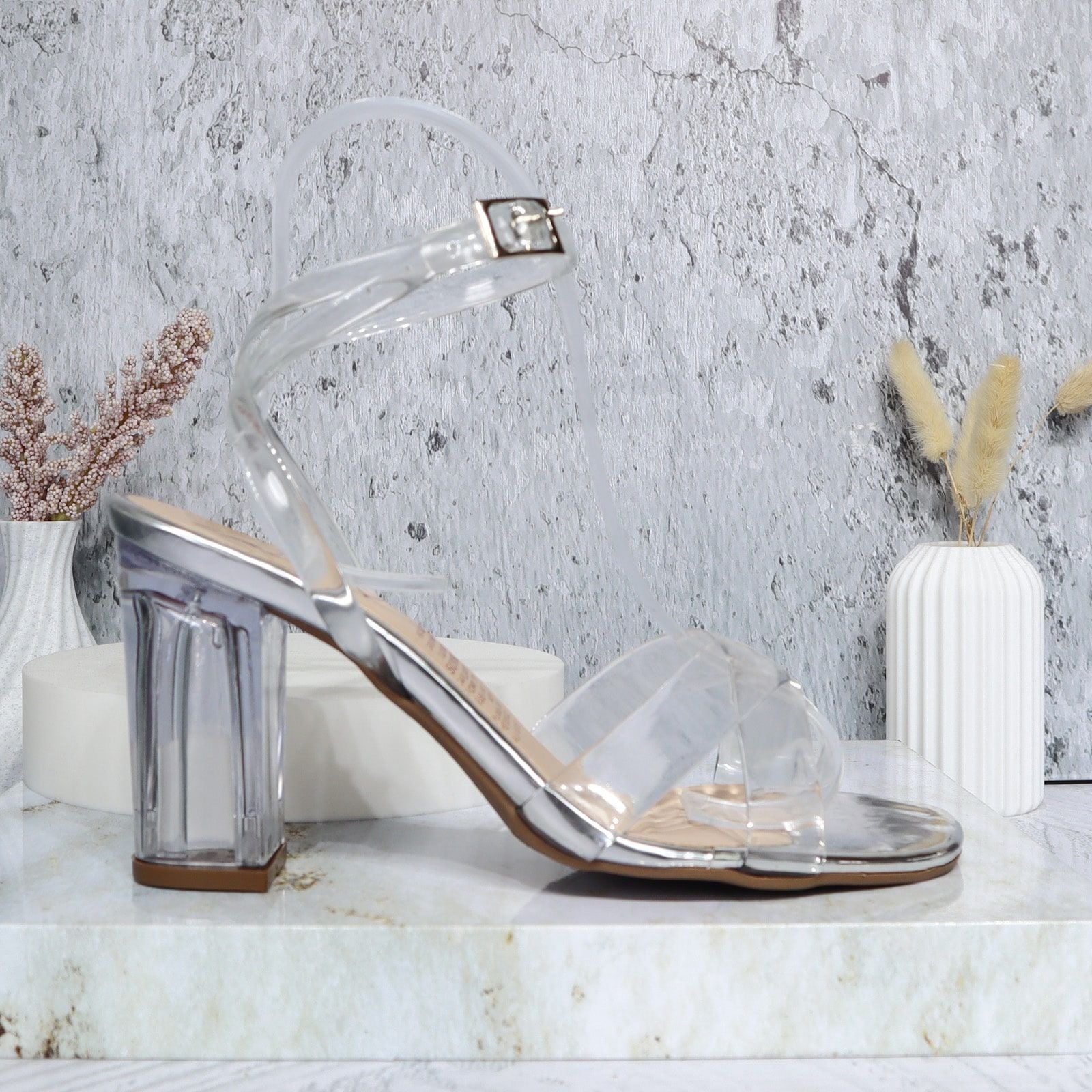 Sandalia tacon plata x acetato para mujer 2465-Z148