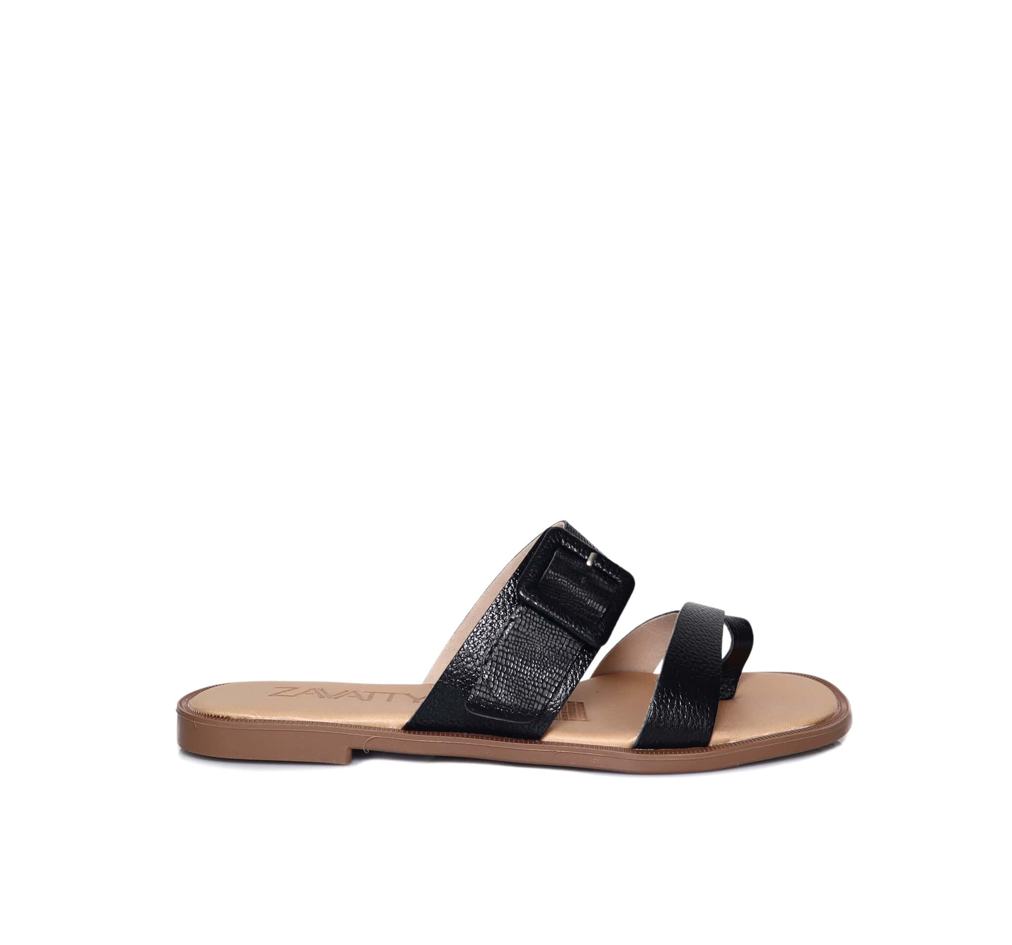 Sandalia plana negro cuero para mujer 25C31-Z19