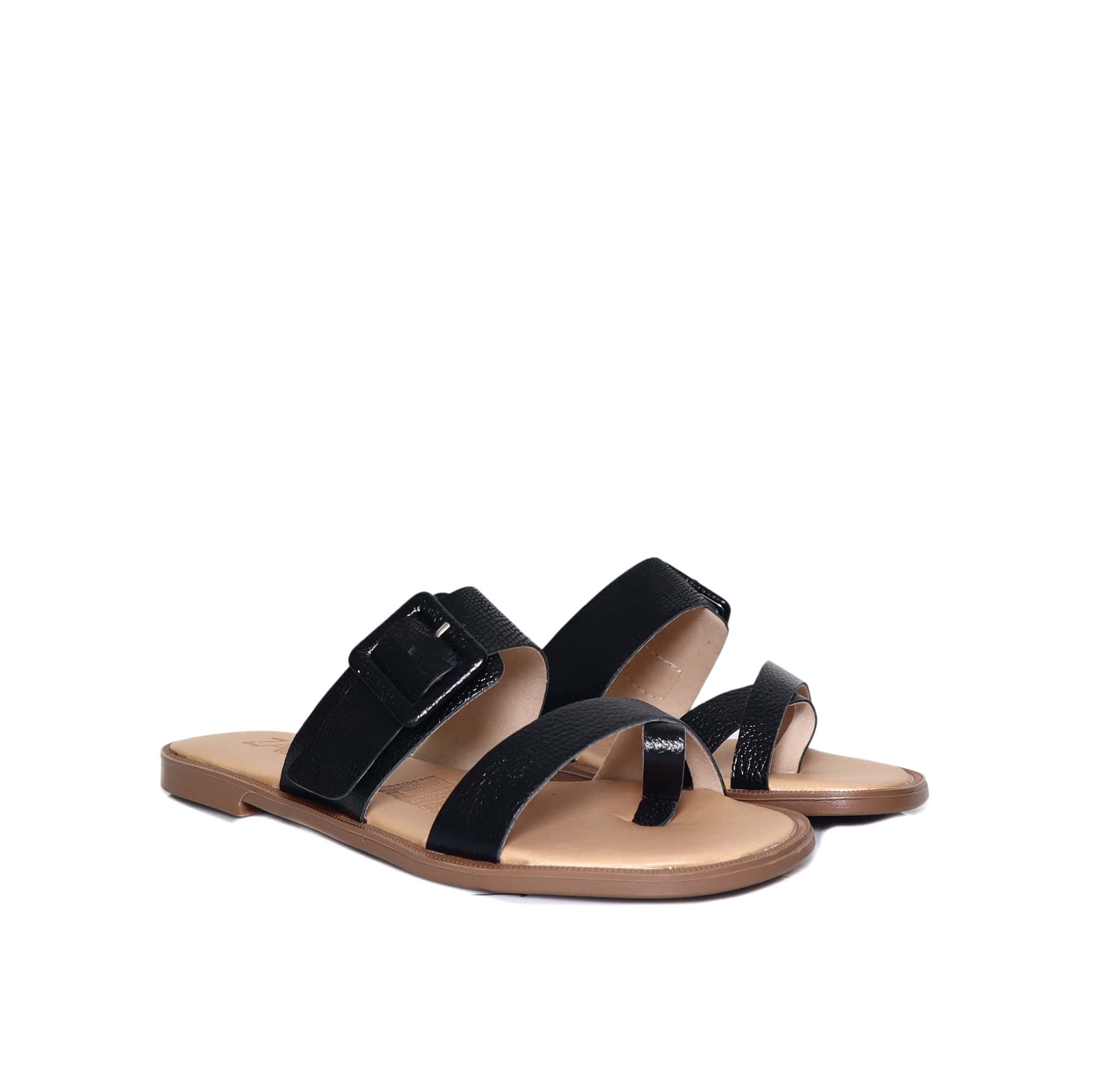 Sandalia plana negro cuero para mujer 25C31-Z19