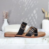 Sandalia plana negro cuero para mujer 25C36-Z19