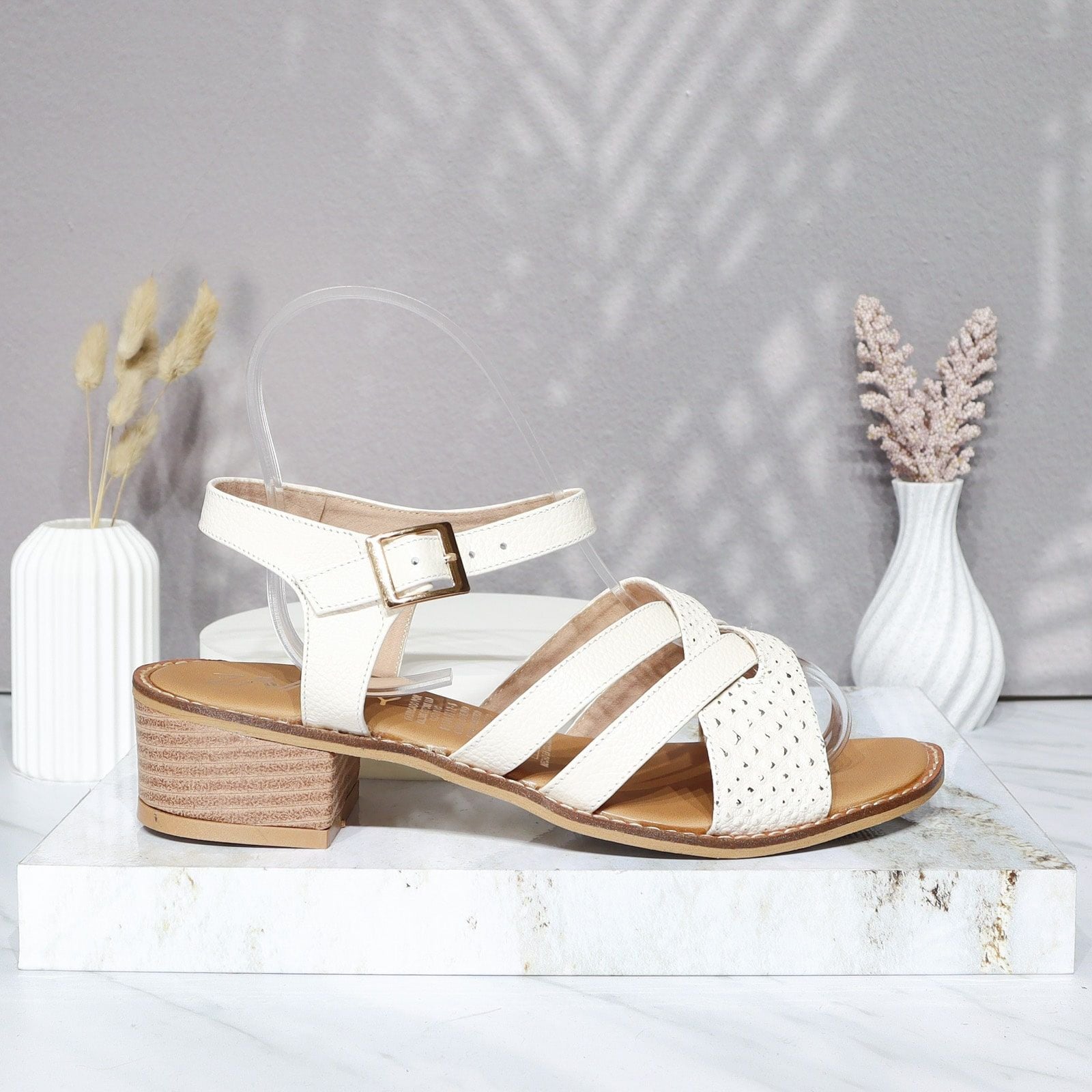 Sandalia tacon blanco ostra cuero para mujer 350-Z310