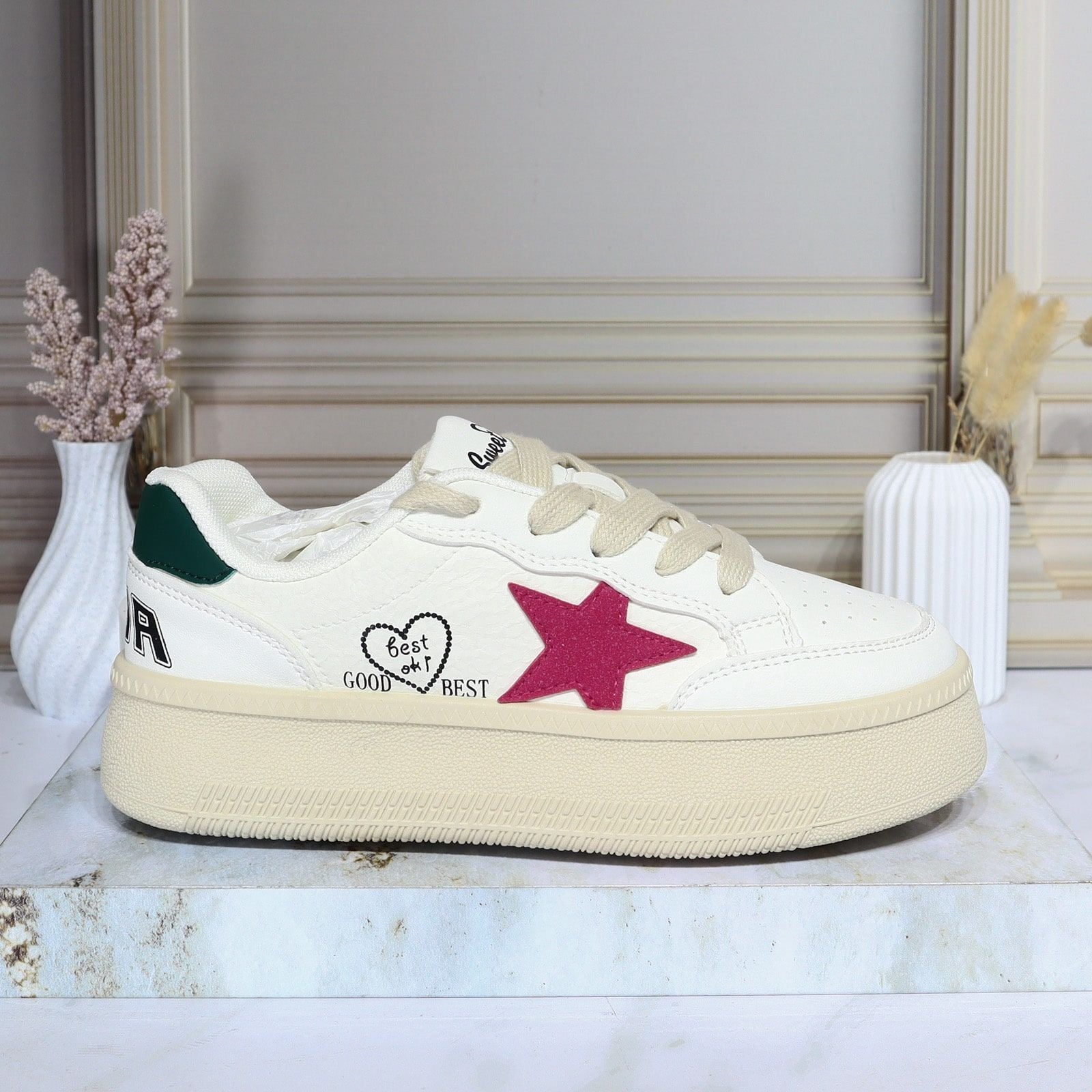 Tenis beige x verde x fucsia para mujer 129-Z329
